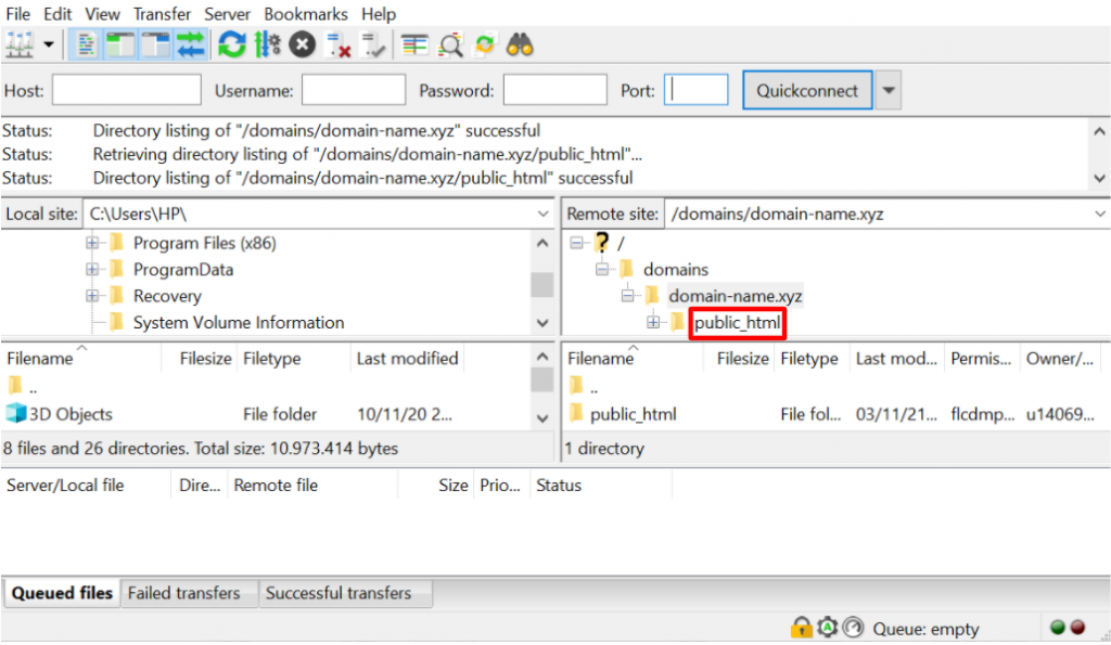 The public_html folder in FileZilla.