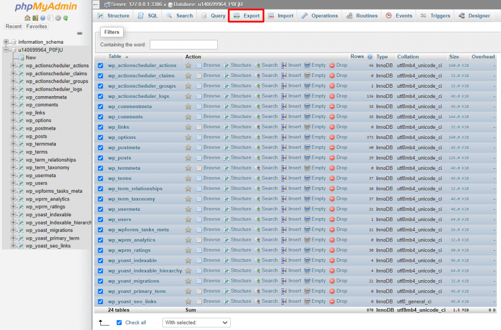 phpMyAdmin export database