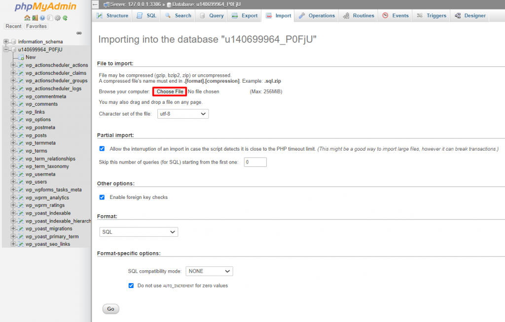 phpMyAdmin choose file to import.