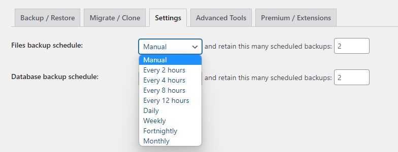Backup settings on UpdraftPlus