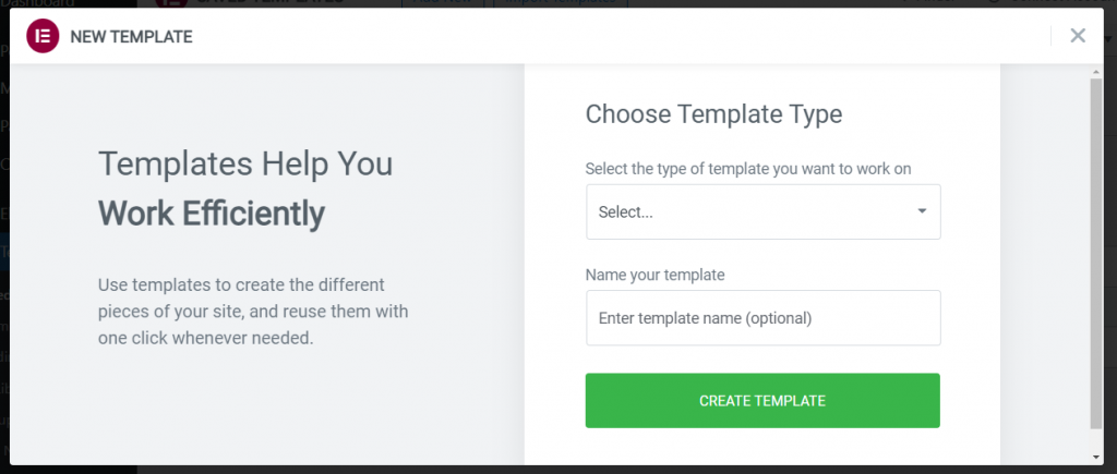 Choosing a template type with Elementor