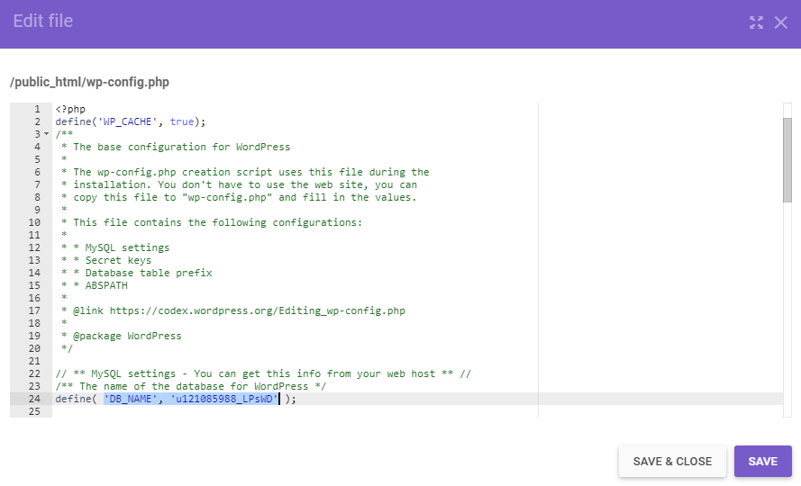 The database name on wp-config.php file.