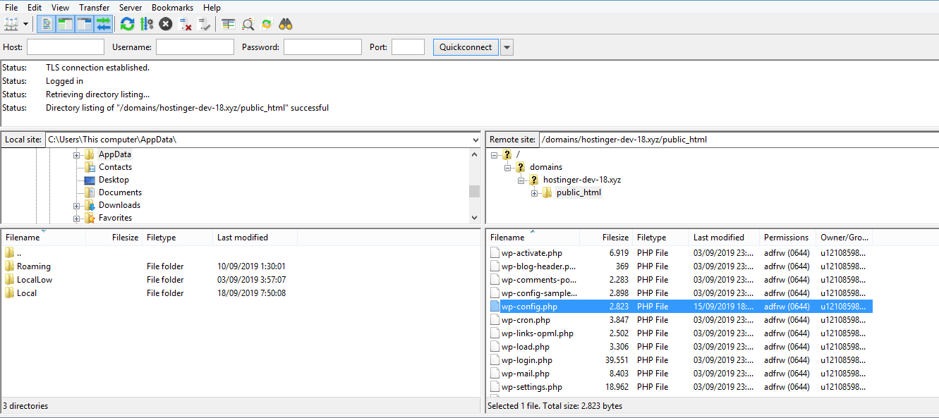 Locating wp-config.php file using FTP.