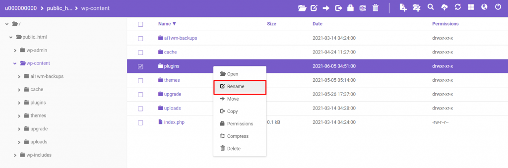 The wp-content folder showing how to choose plugins and rename them
