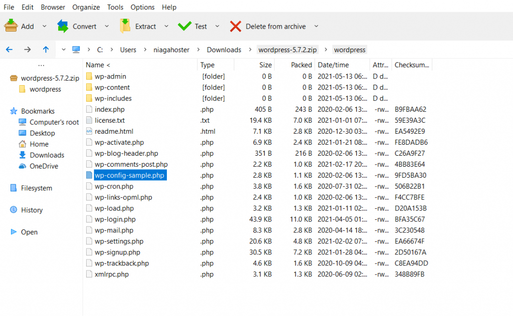 WordPress download folder showing wp-config-sample.php file to delete