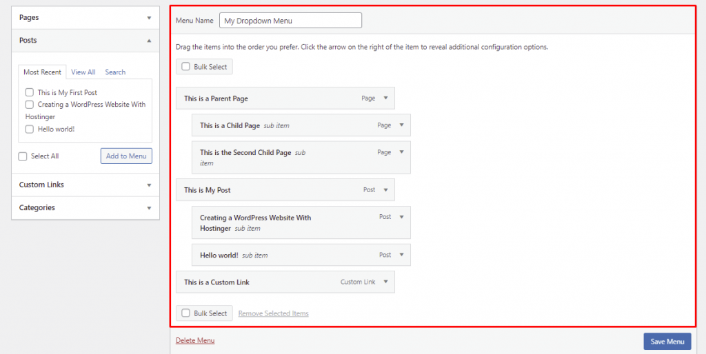 The Menu Structure section displays all the menu items that have been added