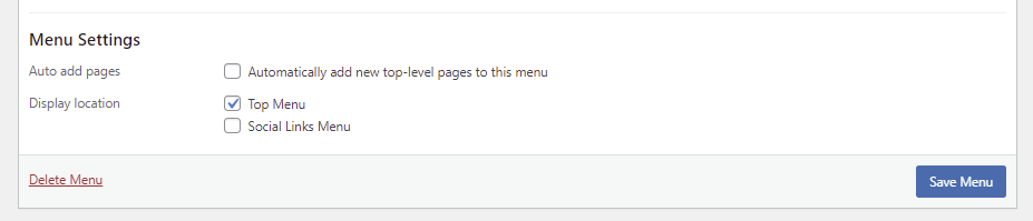 The Menu Settings section allows users to set the menu's location.