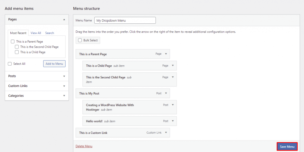 How to locate the Save Menu button in the Edit Menus tab