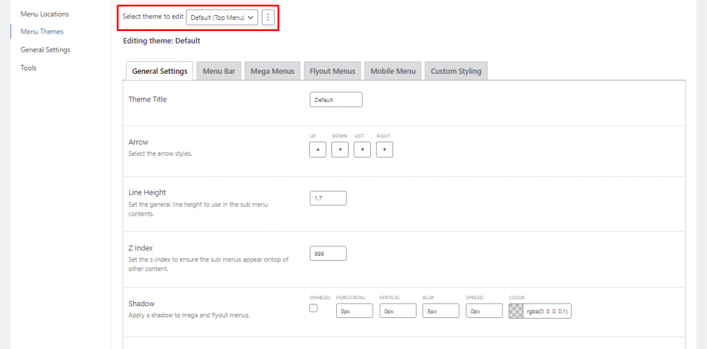 How to locate the Select theme to edit option in the Mega Menu section