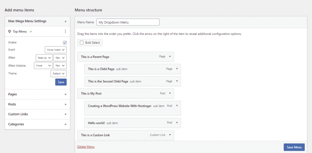 The Max Mega Menu settings inside the WordPress Menus page
