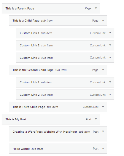An example of a child-parent menu item relationship