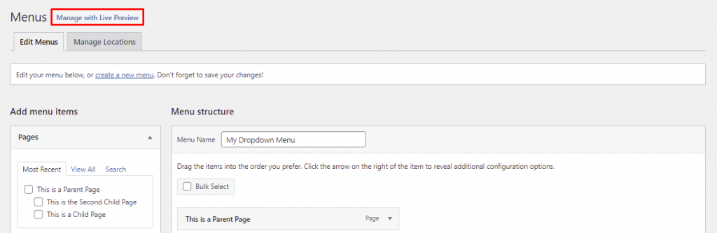 How to locate the Live Preview button inside the Menus page