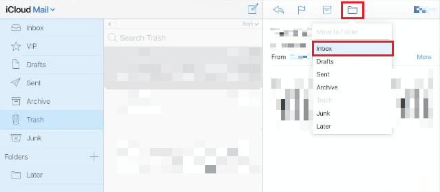 click on Move to icon - Inbox | How to Recover Deleted iCloud Email