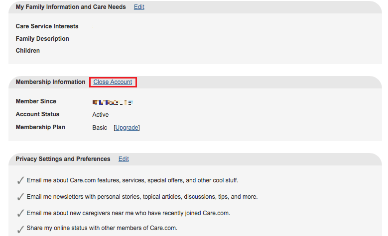 Scroll down to the Membership Information section and click on Close Account | How to Delete Care.com Account