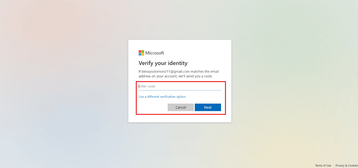 Enter the verification code sent to your recovery email and click on Next