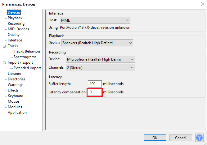 Set the Latency compensation as 0 milliseconds
