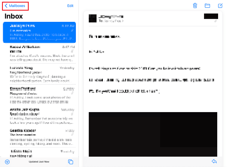 Tap on the Mailboxes left arrow icon from the top left corner | How Can You Get Your Inbox Back on Your iPad