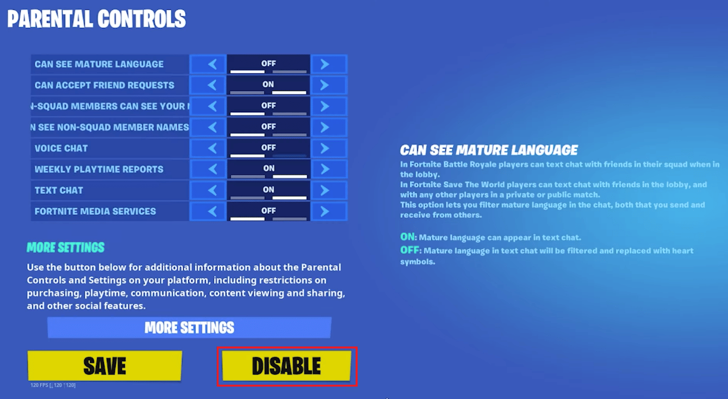 Click on DISABLE