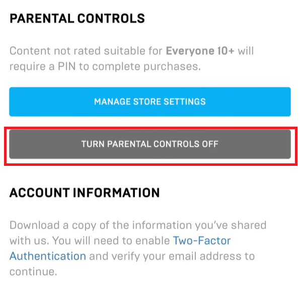 tap on TURN PARENTAL CONTROLS OFF