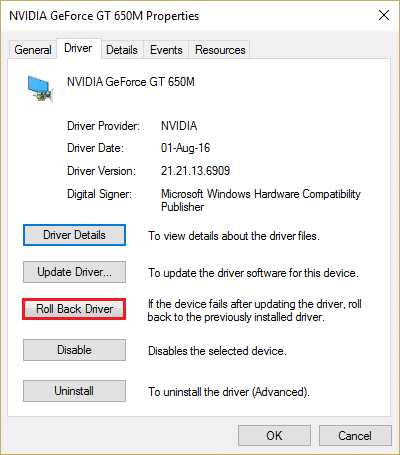 roll back nvidia driver