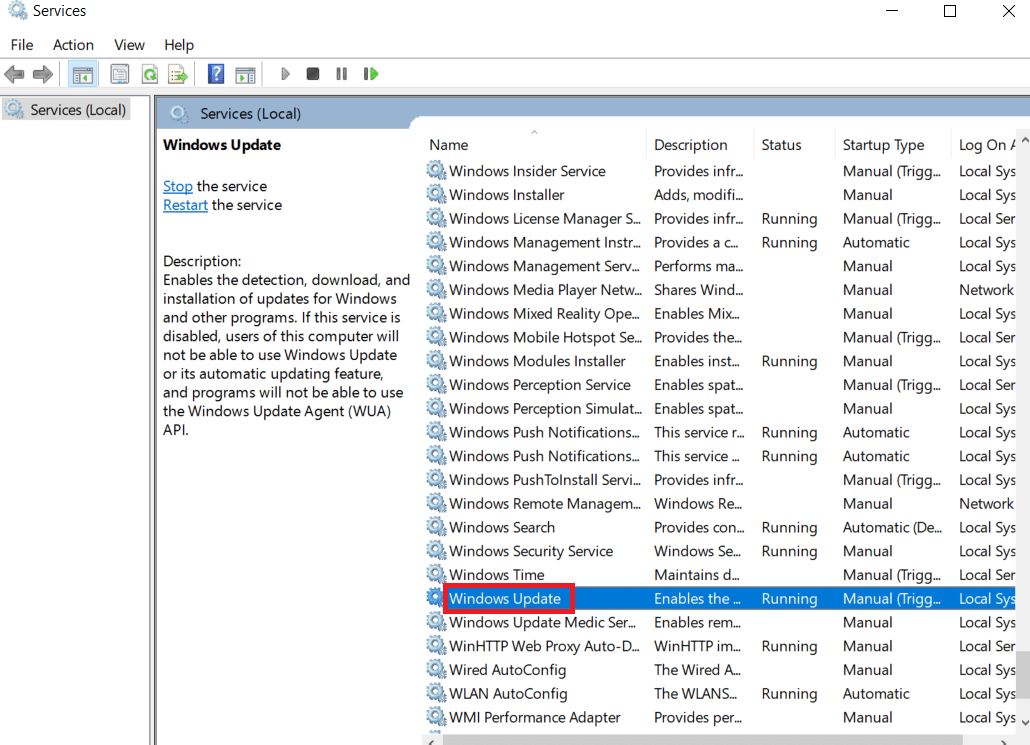 Locate the Windows Update service