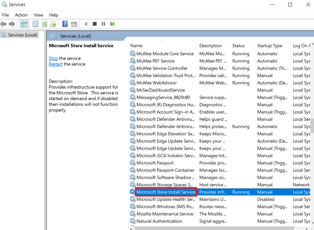 Double click on Microsoft Store Install Services