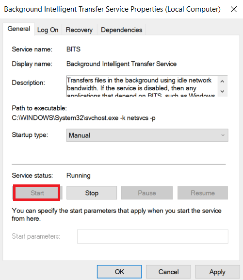 if it is Stopped click on the Start button present under Service status. Fix Windows Store Error 0x80240024