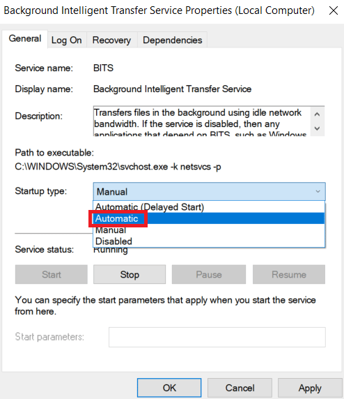 change the Startup type to Automatic