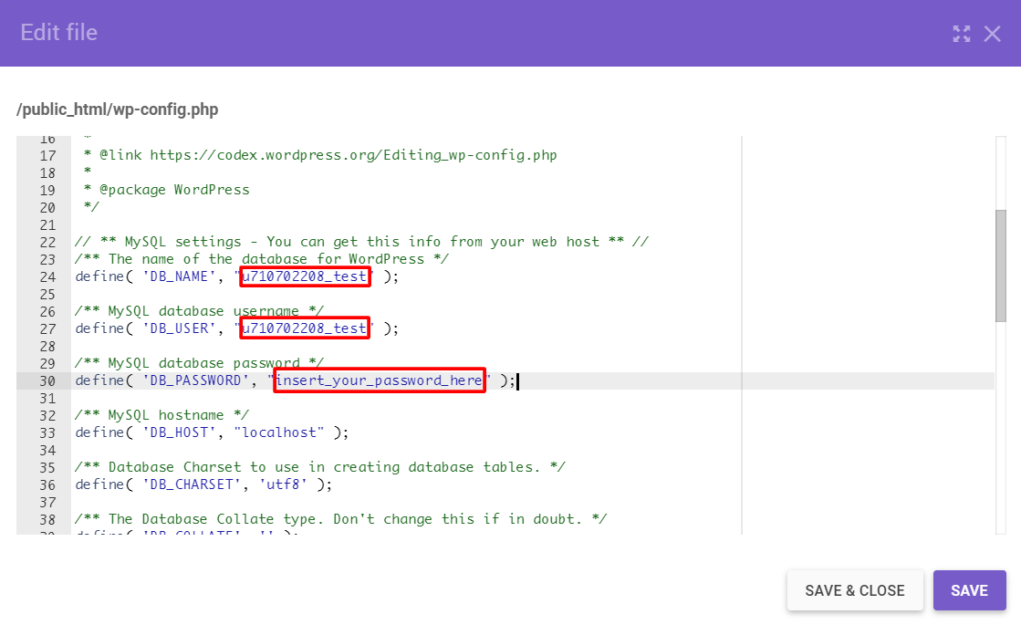 Changing database details in the wpconfig.php file