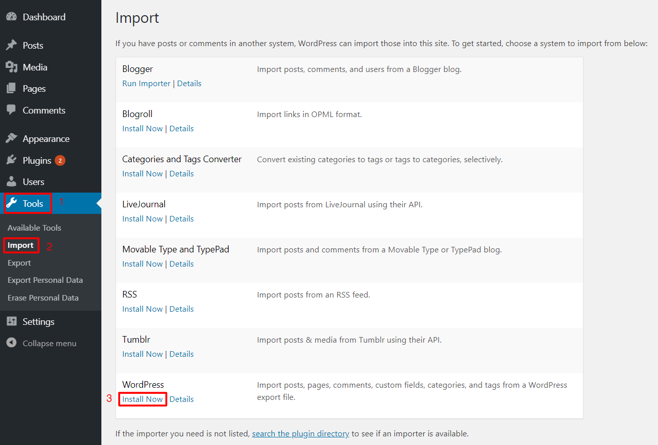 Installing WordPress importer
