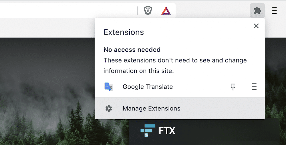 The Brave Extensions manager dropdown, showing the