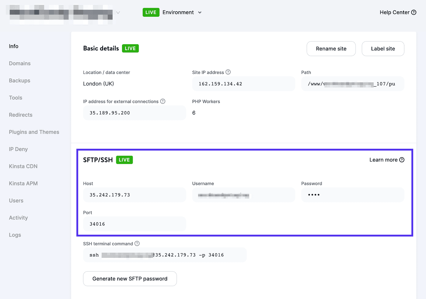 Find the SFTP/SSH section in MyKinsta