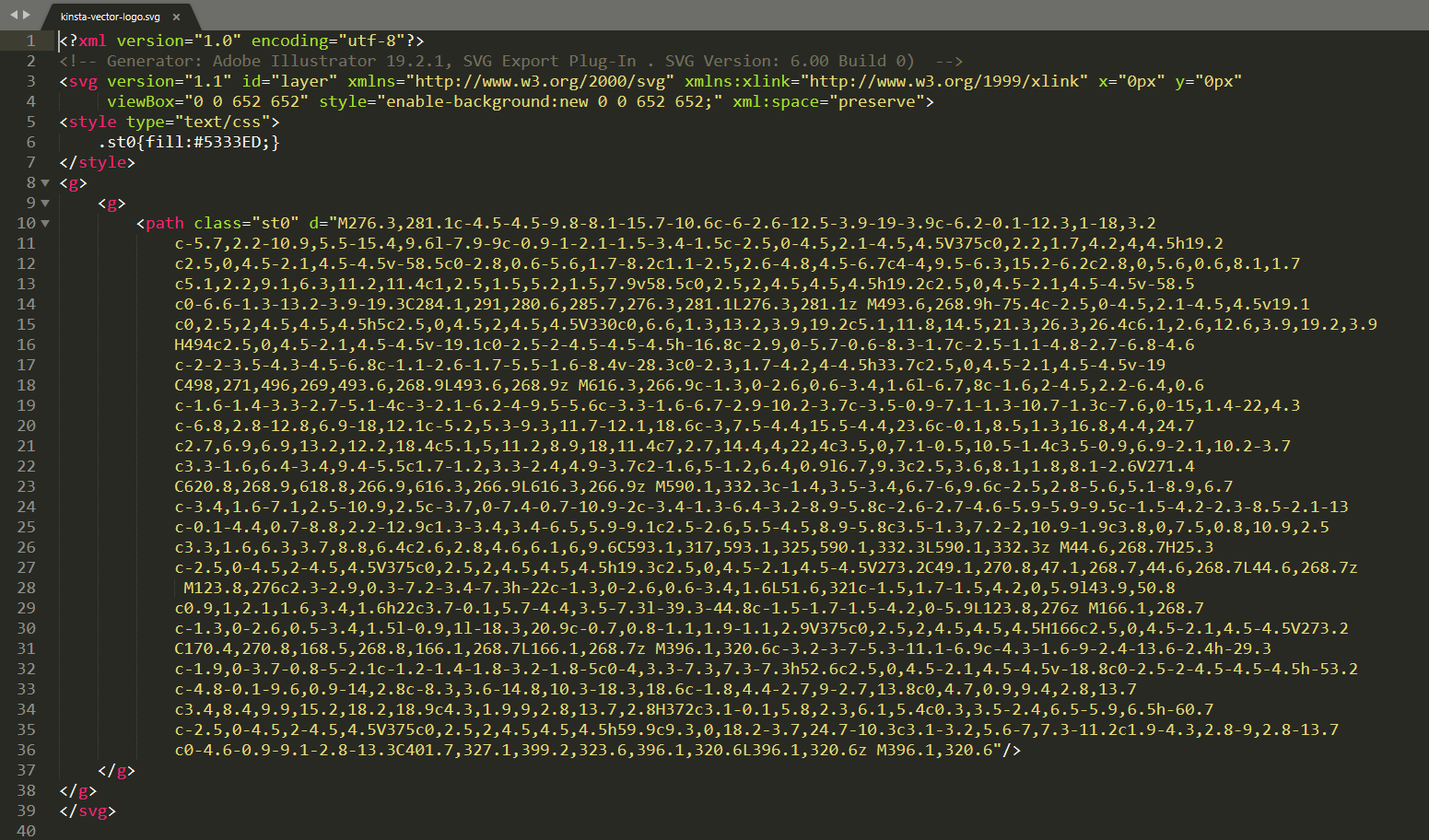 The Kinsta logo as an SVG in a text editor