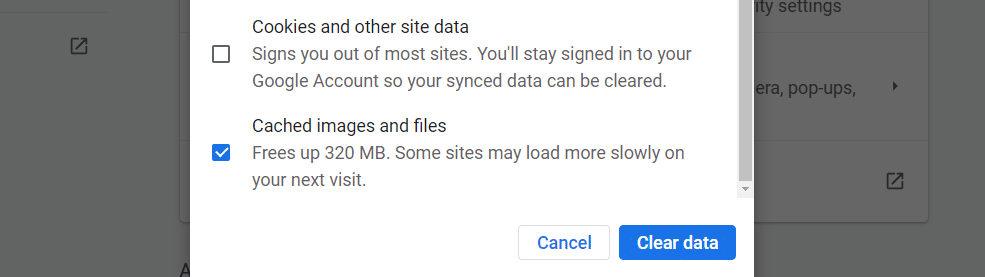 Clearing cached images and files in Chrome, showing the checked checkbox for 
