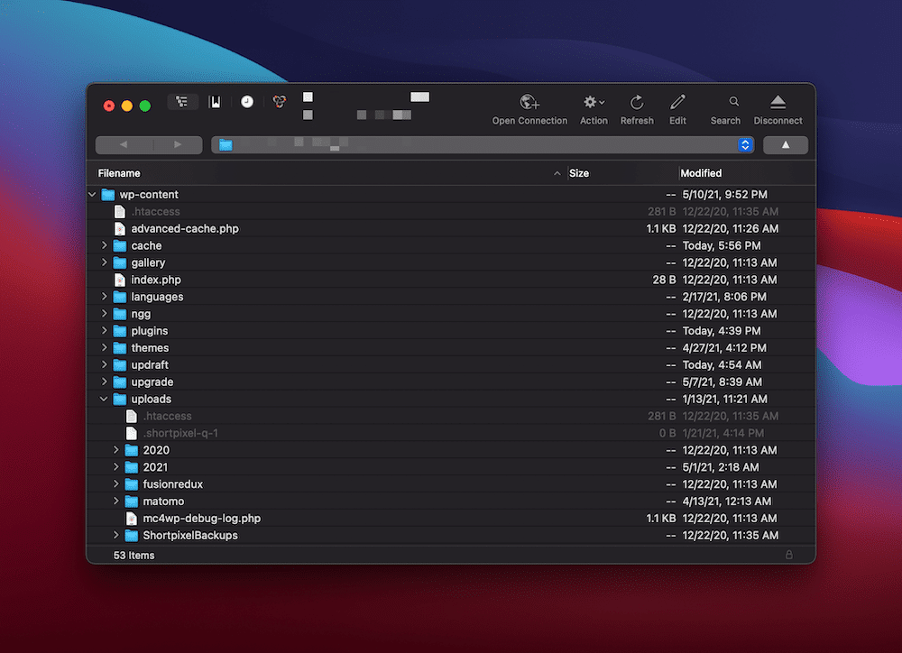 The uploads folder seen from an SFTP client. The uploads folder seen from an SFTP client.
