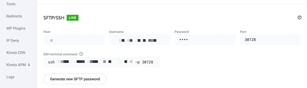 The SFTP panel in the MyKinsta dashboard. The SFTP panel in the MyKinsta dashboard.