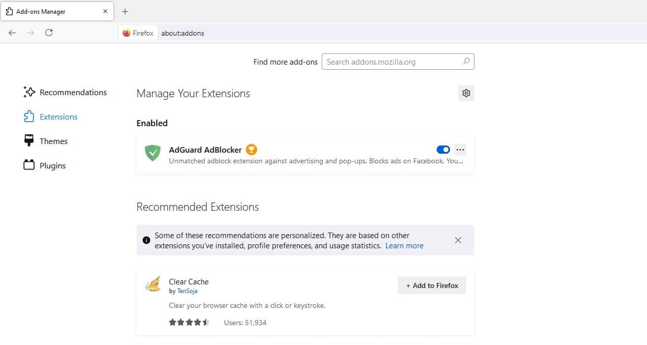 The extensions screen in Firefox.