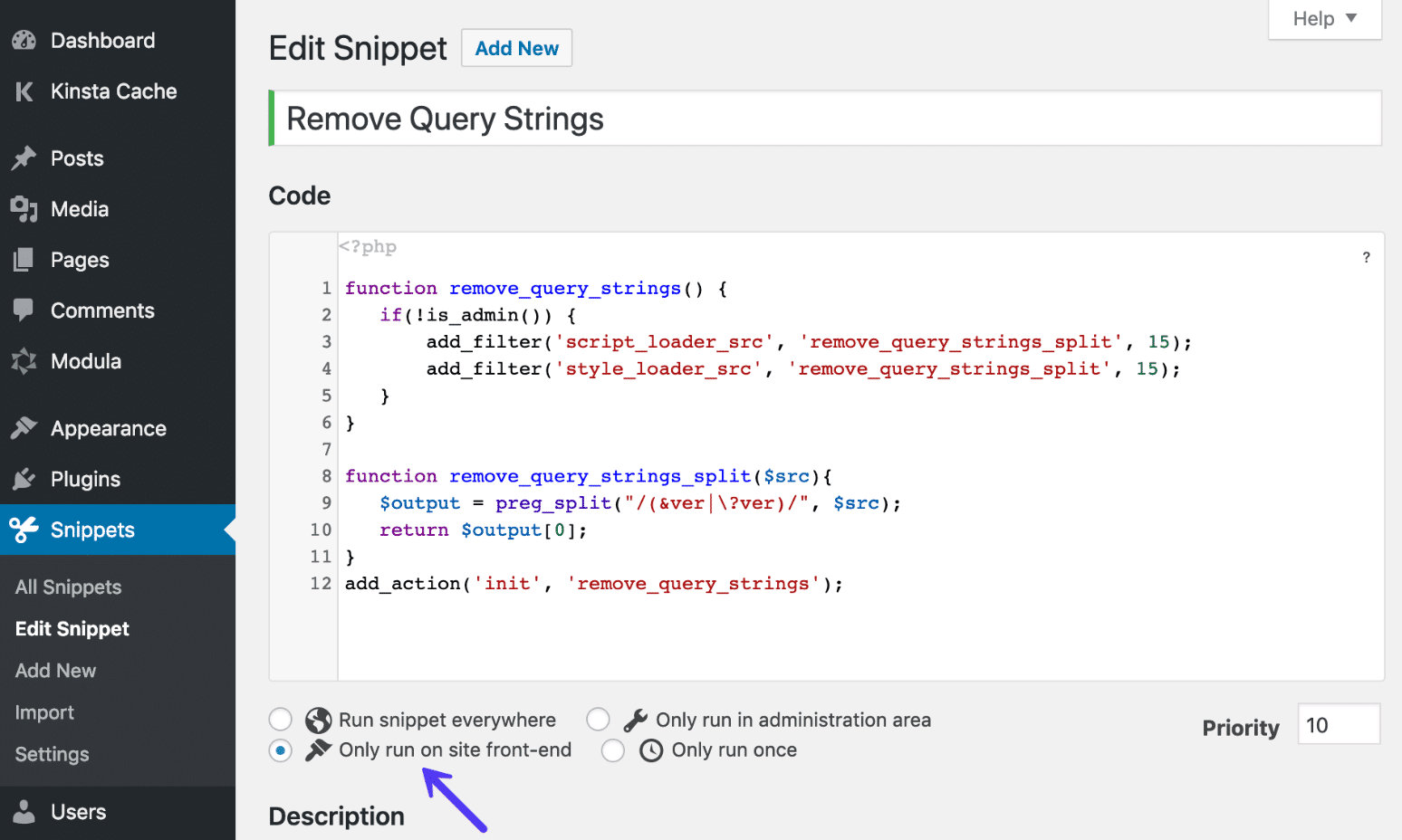 Remove query strings code snippet