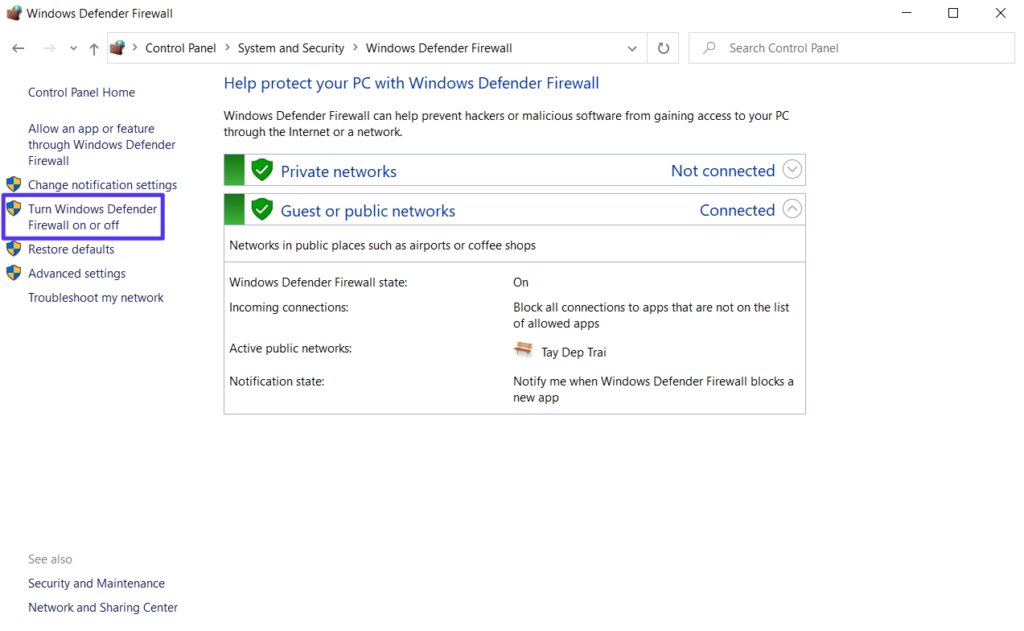 The Windows Defender Firewall dialog panel, with the