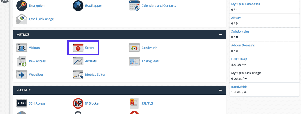 The cPanel dashboard