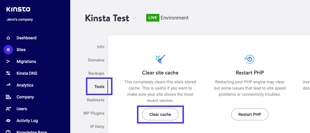 The Tools tab in MyKinsta