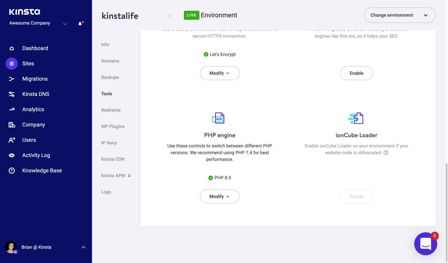 Switch PHP version in MyKinsta.