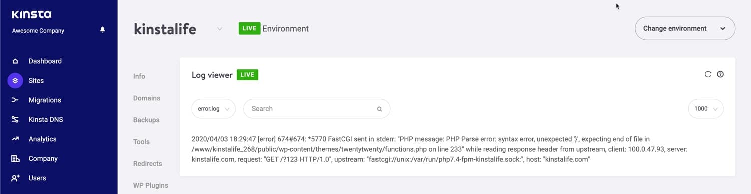 View PHP errors in MyKinsta.