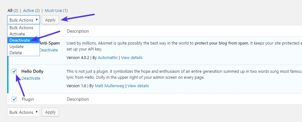 How to bulk disable WordPress plugins from dashboard How to bulk disable WordPress plugins from dashboard