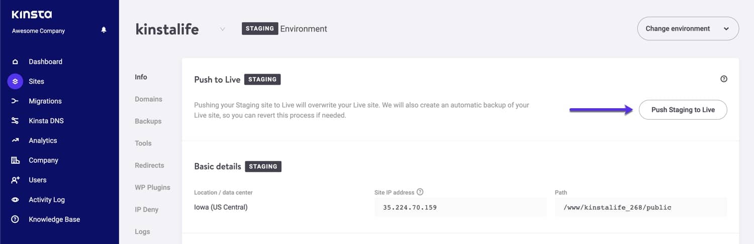 Push WordPress staging environment to live.
