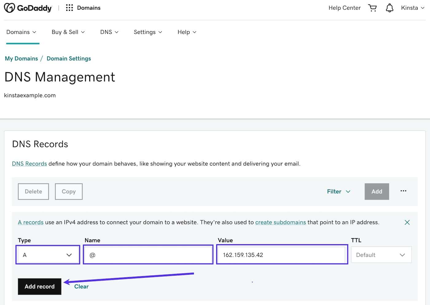 Add a new A record in GoDaddy DNS Management Add a new A record in GoDaddy DNS Management.