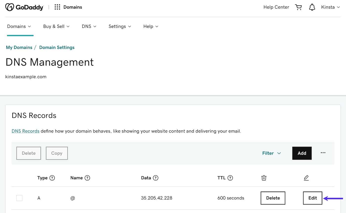 Edit A record in GoDaddy DNS Management Edit A record in GoDaddy DNS Management.