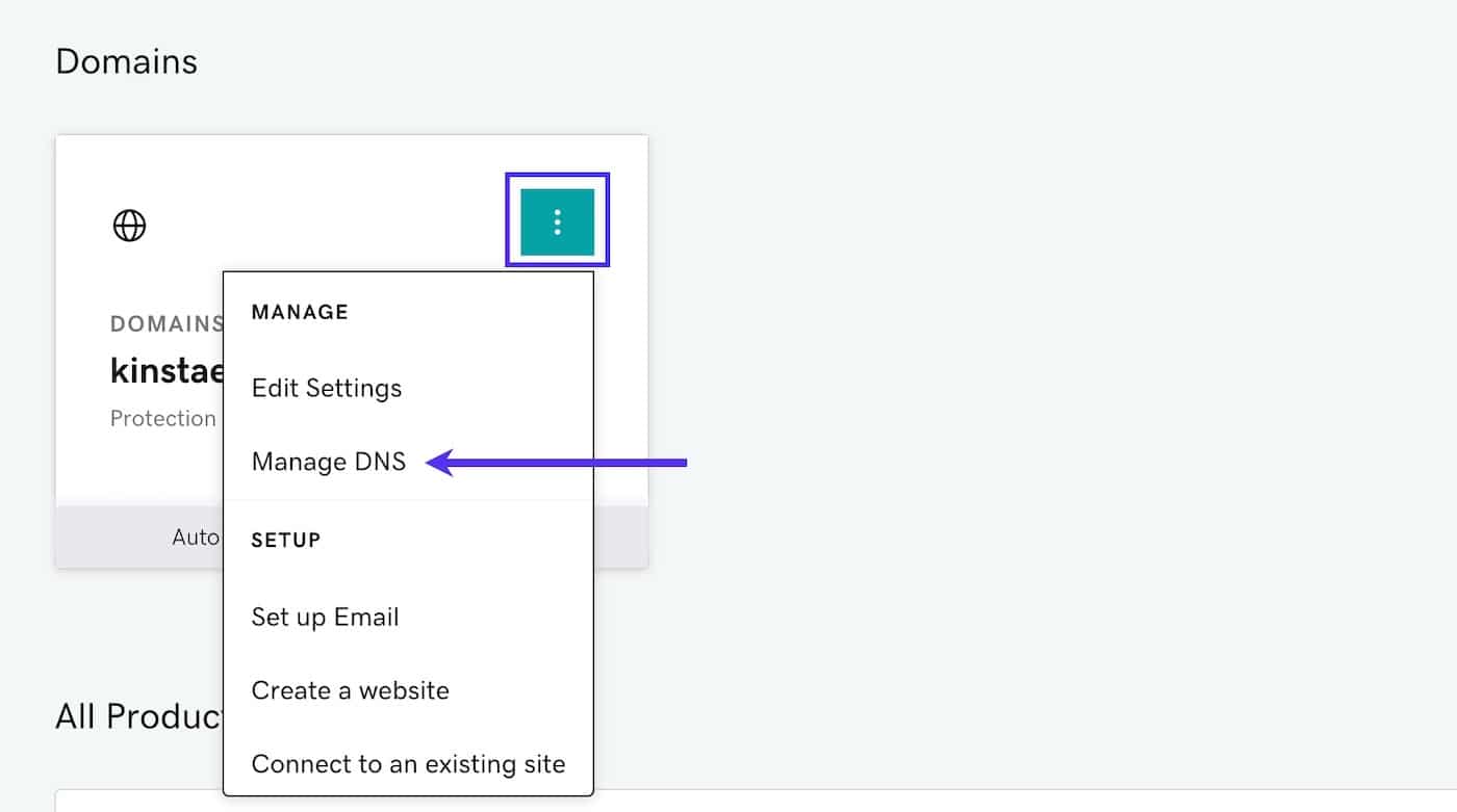 Select Manage DNS in your domain's dropdown menu Select Manage DNS in your domain's dropdown menu.