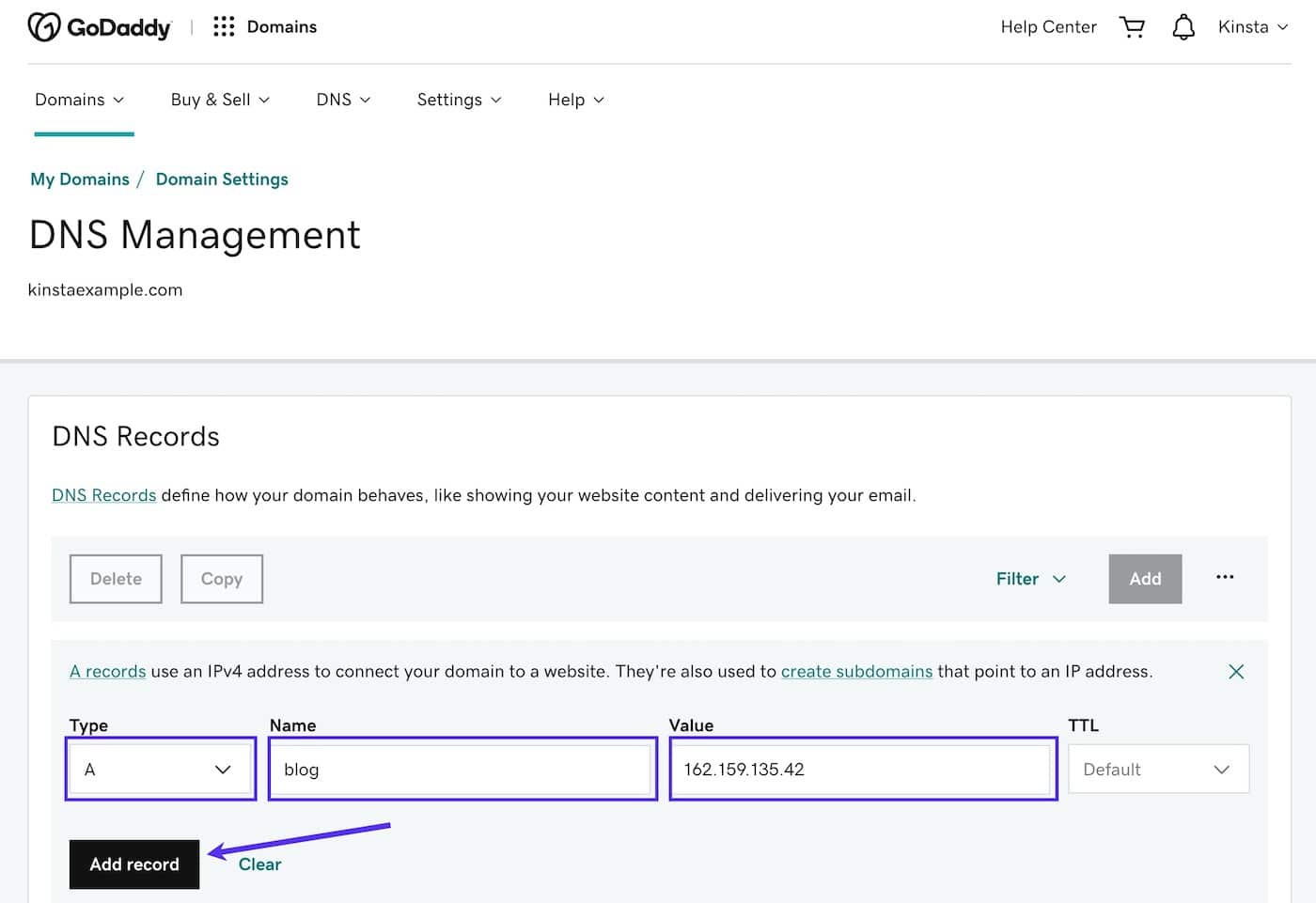 Add an A record for a subdomain in GoDaddy DNS Add an A record for a subdomain in GoDaddy DNS.