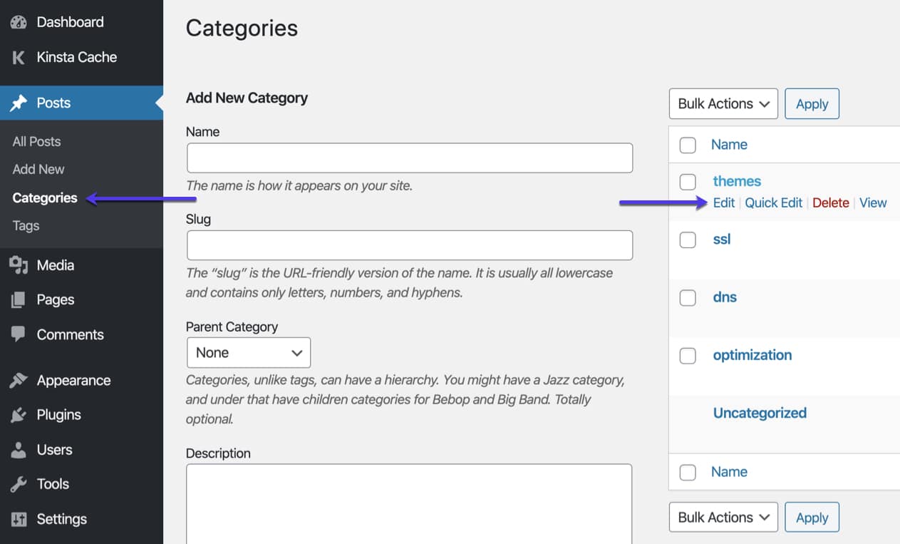 Edit WordPress categories.